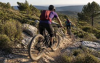 vététiste sur un VTT tout-suspendu en forêt, ambiance automnale